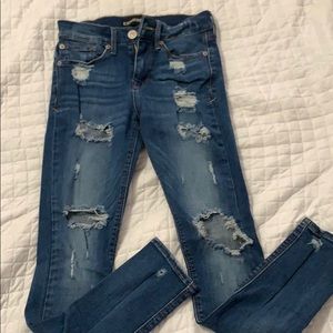 Express distressed dark wash skinny jeans